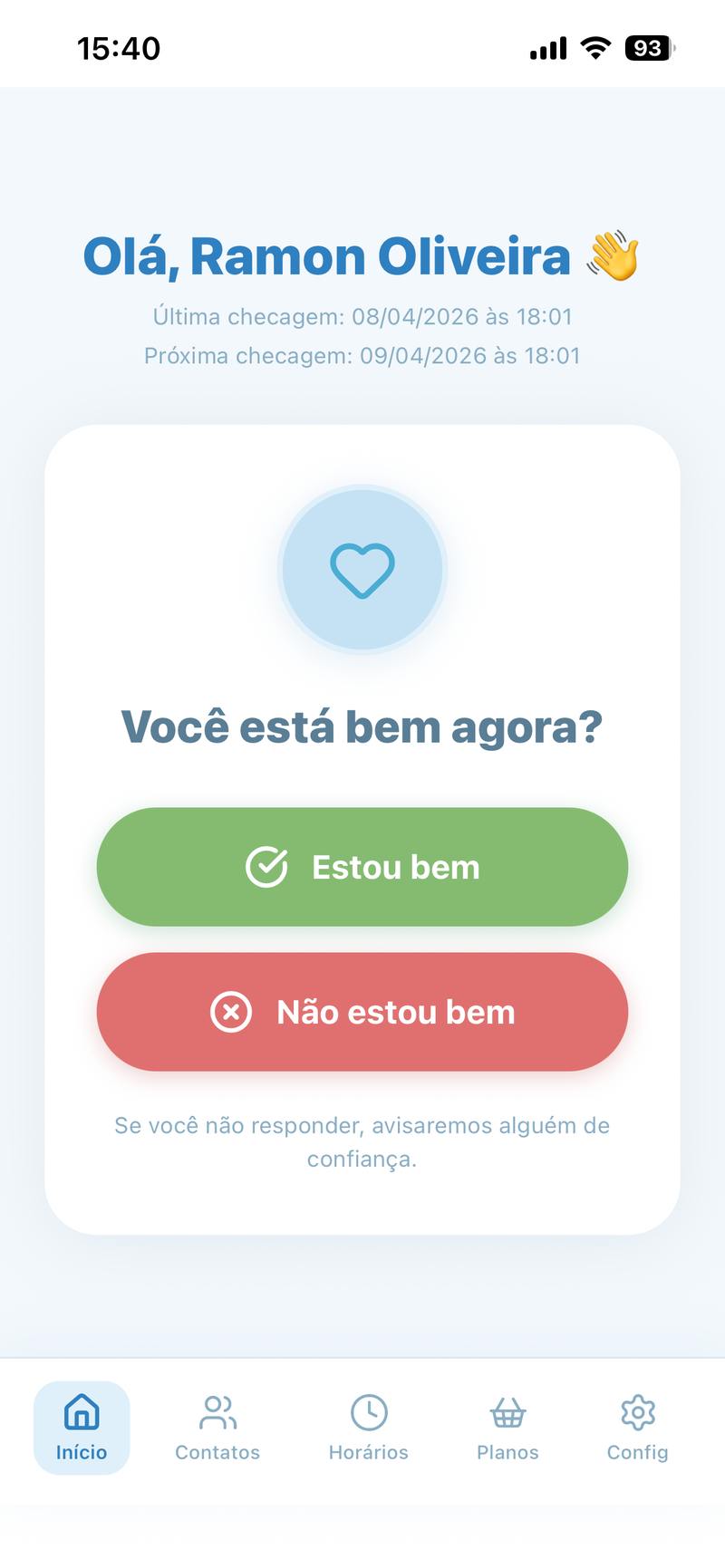 Tela principal do app Vc está bem